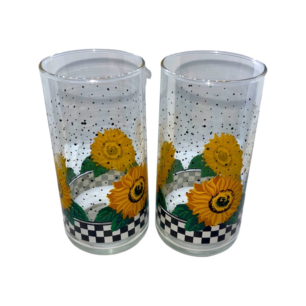 Vintage Sunflower and checkered pattern Drinking Glasses: Set of 2